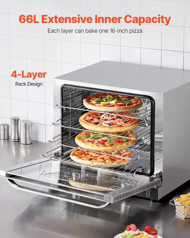 Alt view image 2 of 7 - Commercial Countertop Oven, 66L 4-Tier Toaster Oven, 2800W Electric Baking Oven with Tempered Glass Door, Wire Racks Clip Tray Gloves, Stainless Steel Commercial Oven for Restaurant Bakery