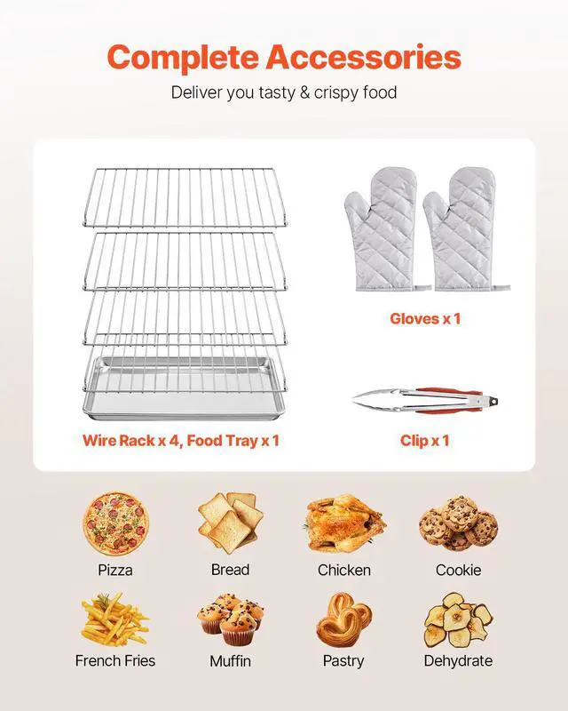Alt view image 6 of 7 - Commercial Countertop Oven, 66L 4-Tier Toaster Oven, 2800W Electric Baking Oven with Tempered Glass Door, Wire Racks Clip Tray Gloves, Stainless Steel Commercial Oven for Restaurant Bakery