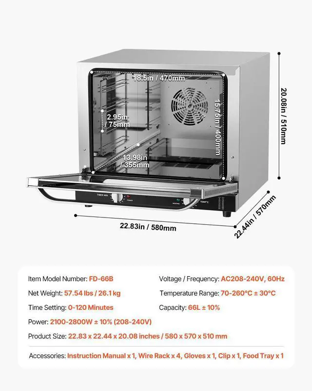 Alt view image 7 of 7 - Commercial Countertop Oven, 66L 4-Tier Toaster Oven, 2800W Electric Baking Oven with Tempered Glass Door, Wire Racks Clip Tray Gloves, Stainless Steel Commercial Oven for Restaurant Bakery