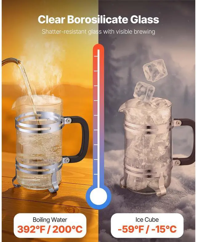 Alt view image 3 of 8 - French Press Coffee Maker 34 oz Borosilicate Glass Coffee Tea Press Silver