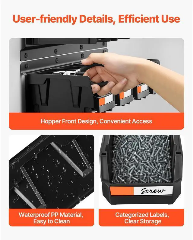 Alt view image 7 of 8 - VEVOR Wall Mounted Storage Bins, 12 Plastic Bins & 3 Metal Rails, Plastic Hanging Stackable Storage Bin for Screws, Nuts, Bolts, Nails, Hardware Tool Organizer for Workshop, Craft Room, Garage, Black