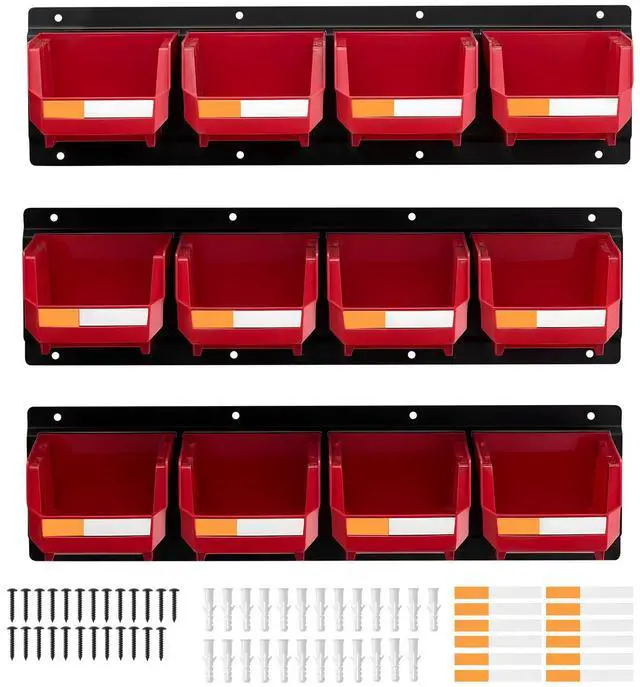 Alt view image 2 of 8 - VEVOR Wall Mounted Storage Bins, 12 Plastic Bins & 3 Metal Rails, Plastic Hanging Stackable Storage Bin for Screws, Nuts, Bolts, Nails, Hardware Tool Organizer for Workshop, Craft Room, Garage, Red