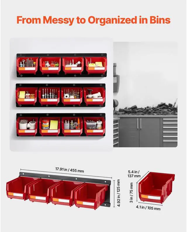 Alt view image 3 of 8 - VEVOR Wall Mounted Storage Bins, 12 Plastic Bins & 3 Metal Rails, Plastic Hanging Stackable Storage Bin for Screws, Nuts, Bolts, Nails, Hardware Tool Organizer for Workshop, Craft Room, Garage, Red