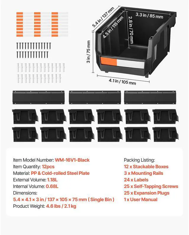 Alt view image 8 of 8 - VEVOR Wall Mounted Storage Bins, 12 Plastic Bins & 3 Metal Rails, Plastic Hanging Stackable Storage Bin for Screws, Nuts, Bolts, Nails, Hardware Tool Organizer for Workshop, Craft Room, Garage, Black