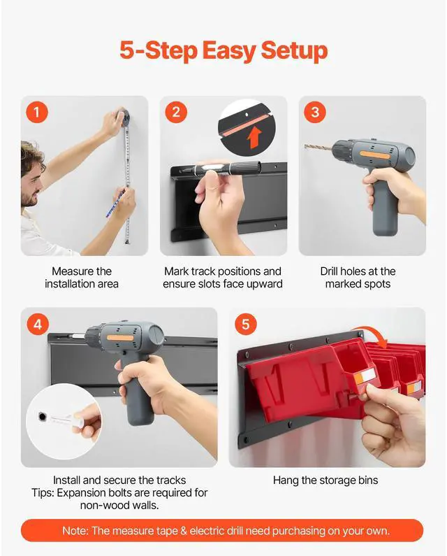 Alt view image 6 of 8 - VEVOR Wall Mounted Storage Bins, 12 Plastic Bins & 3 Metal Rails, Plastic Hanging Stackable Storage Bin for Screws, Nuts, Bolts, Nails, Hardware Tool Organizer for Workshop, Craft Room, Garage, Red