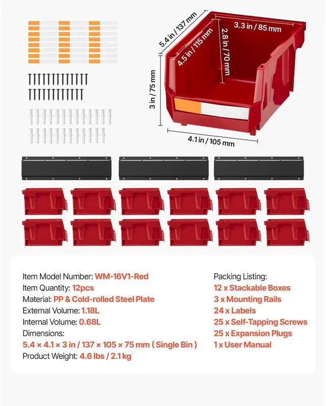 Alt view image 8 of 8 - VEVOR Wall Mounted Storage Bins, 12 Plastic Bins & 3 Metal Rails, Plastic Hanging Stackable Storage Bin for Screws, Nuts, Bolts, Nails, Hardware Tool Organizer for Workshop, Craft Room, Garage, Red