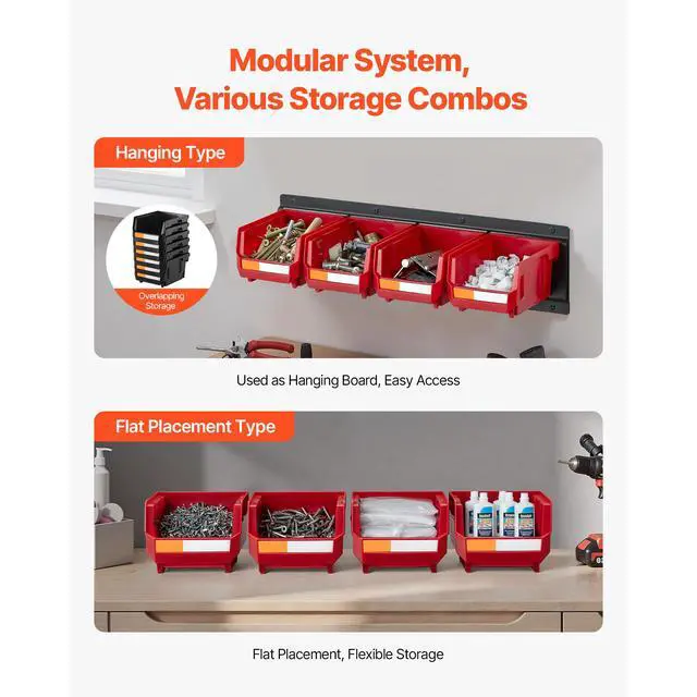Alt view image 5 of 8 - VEVOR Wall Mounted Storage Bins, 12 Plastic Bins & 3 Metal Rails, Plastic Hanging Stackable Storage Bin for Screws, Nuts, Bolts, Nails, Hardware Tool Organizer for Workshop, Craft Room, Garage, Red
