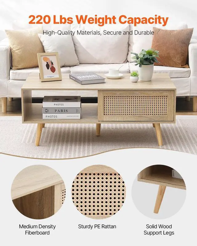 Alt view image 10 of 14 - VEVOR Rattan Coffee Table, Mid Century Coffee Table, Rectangle Wood Coffee Table, 42 Inch Modern Boho Style Two Layers Storage Coffee Table, for Living Room, Bedroom & Small Spaces