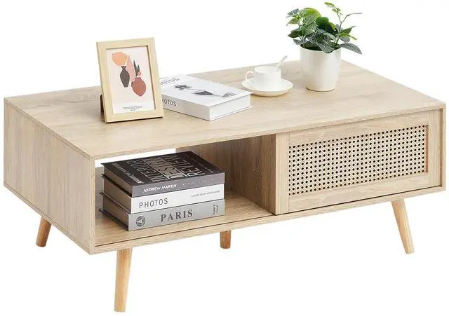 Alt view image 8 of 14 - VEVOR Rattan Coffee Table, Mid Century Coffee Table, Rectangle Wood Coffee Table, 42 Inch Modern Boho Style Two Layers Storage Coffee Table, for Living Room, Bedroom & Small Spaces