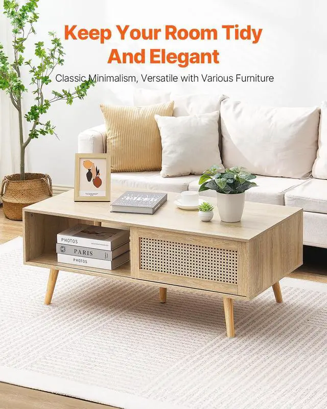Alt view image 9 of 14 - VEVOR Rattan Coffee Table, Mid Century Coffee Table, Rectangle Wood Coffee Table, 42 Inch Modern Boho Style Two Layers Storage Coffee Table, for Living Room, Bedroom & Small Spaces