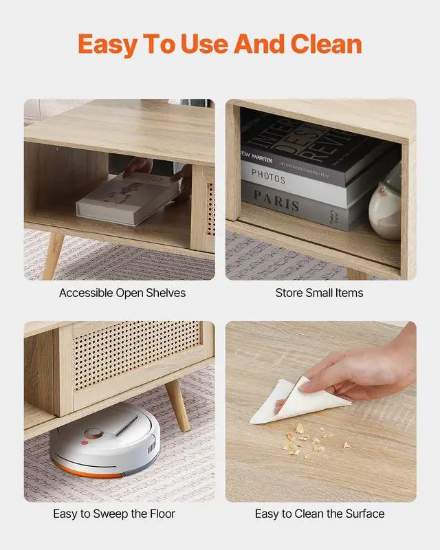 Alt view image 12 of 14 - VEVOR Rattan Coffee Table, Mid Century Coffee Table, Rectangle Wood Coffee Table, 42 Inch Modern Boho Style Two Layers Storage Coffee Table, for Living Room, Bedroom & Small Spaces