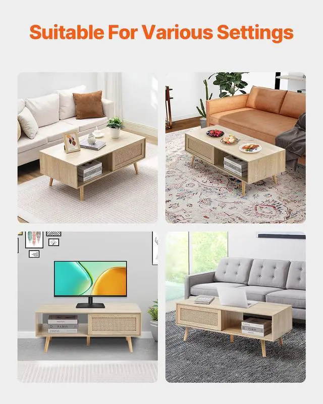 Alt view image 13 of 14 - VEVOR Rattan Coffee Table, Mid Century Coffee Table, Rectangle Wood Coffee Table, 42 Inch Modern Boho Style Two Layers Storage Coffee Table, for Living Room, Bedroom & Small Spaces