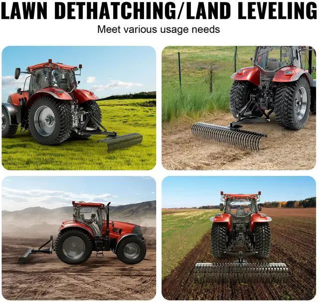 Alt view image 7 of 8 - VEVOR Tow Behind Dethatcher, 72-inch Tow Dethatcher with 36 Steel Tines, 3-Point Lawn Dethatcher Rake with Attachments for Tractor, Landscape Rake for Garden, Farm, Grass