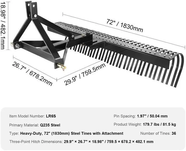 Alt view image 8 of 8 - VEVOR Tow Behind Dethatcher, 72-inch Tow Dethatcher with 36 Steel Tines, 3-Point Lawn Dethatcher Rake with Attachments for Tractor, Landscape Rake for Garden, Farm, Grass