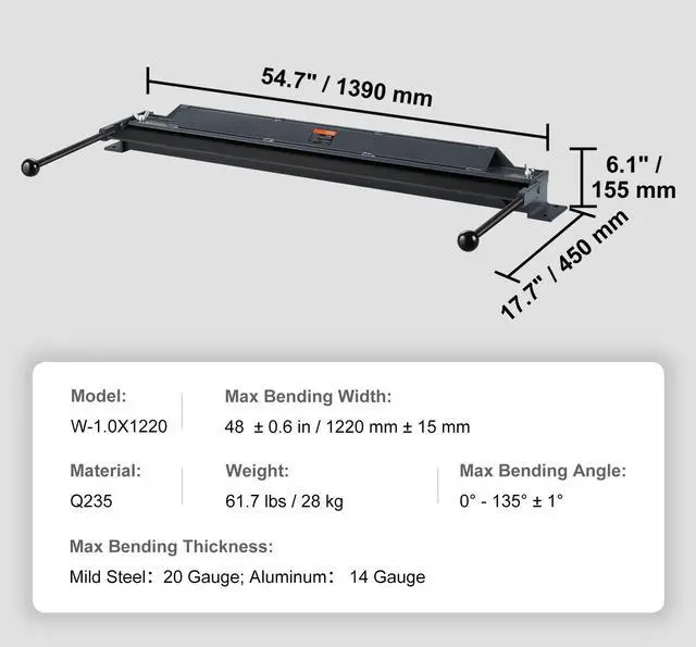 Alt view image 14 of 14 - VEVOR Box and Pan Brake, 48-Inch, 0-130 Degrees Sheet Metal Bending Brake, Portable Mini Metal Bender with 20 Gauge Low Carbon Steel 14 Gauge Aluminum Capacity Power Handle, for Metal Bending