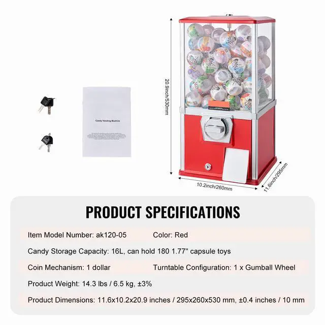 Alt view image 10 of 10 - VEVOR 21"H Gumball Machine Vending Coin Bank Vintage Gumballs Dispenser PS Red