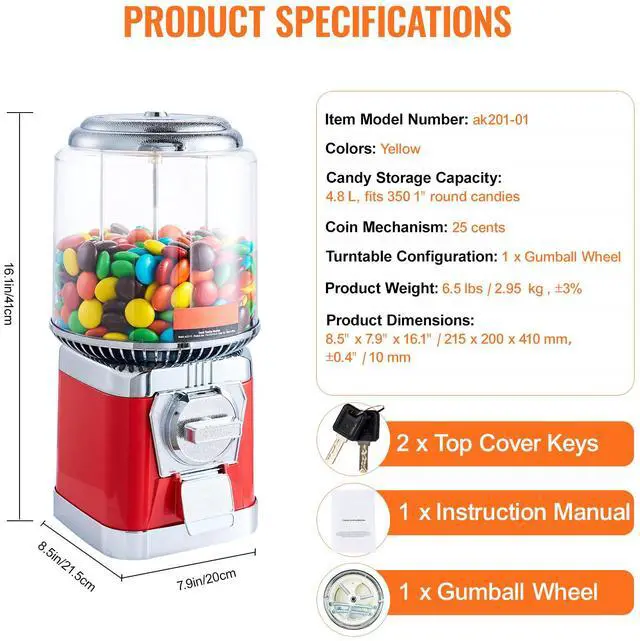 Alt view image 8 of 8 - VEVOR 16"H Gumball Machine Vending Coin Bank Vintage Candy Dispenser PC Red