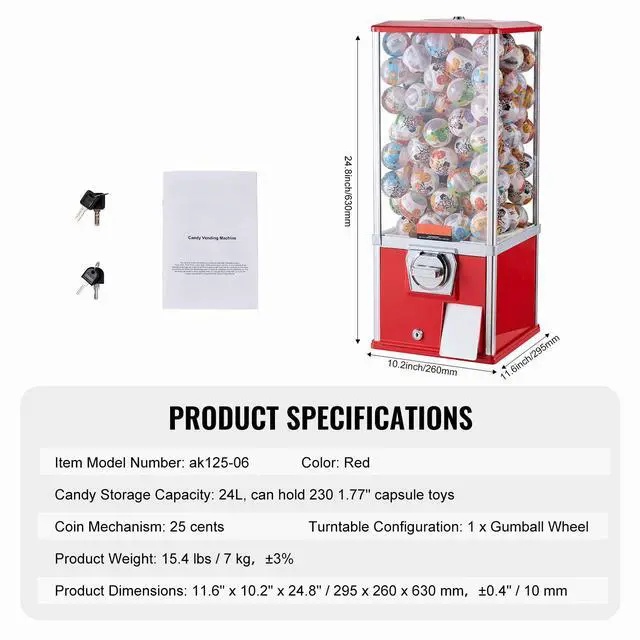Alt view image 14 of 14 - VEVOR 25"H Gumball Machine Vending Coin Bank Vintage Gumballs Dispenser PS Red