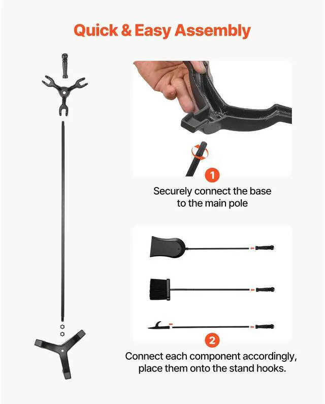 Alt view image 7 of 8 - VEVOR Fireplace Tool Set, 4 PCS Fire Tool Set and Holder with Three-Prong Stand, Ash Shovel, Brush, Fire Place Poker, Wrought Iron Fireplace Accessories for Campfire Indoor/Outdoor, Black