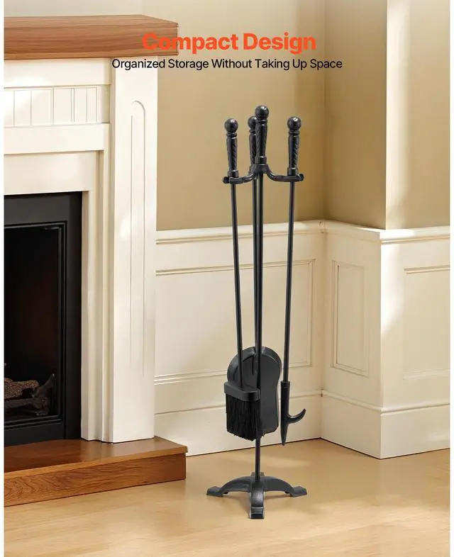 Alt view image 6 of 8 - VEVOR Fireplace Tool Set, 4 PCS Fire Tool Set and Holder with Three-Prong Stand, Ash Shovel, Brush, Fire Place Poker, Wrought Iron Fireplace Accessories for Campfire Indoor/Outdoor, Black