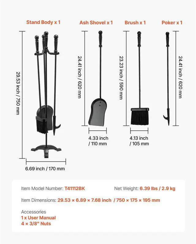 Alt view image 8 of 8 - VEVOR Fireplace Tool Set, 4 PCS Fire Tool Set and Holder with Three-Prong Stand, Ash Shovel, Brush, Fire Place Poker, Wrought Iron Fireplace Accessories for Campfire Indoor/Outdoor, Black