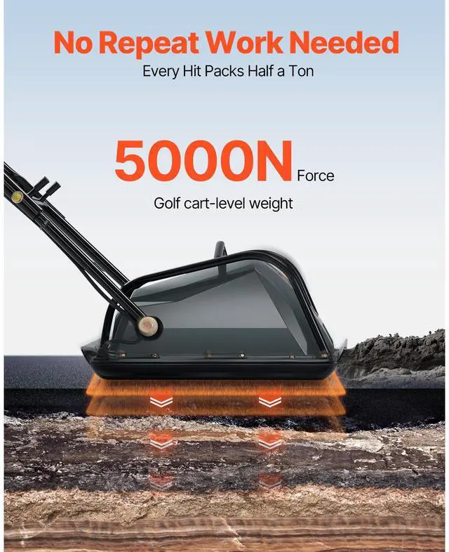 Alt view image 3 of 8 - VEVOR Plate Compactor, 130W Output Electric Ground Rammer, 5 kN Force, 3.9 in Depth, 16 m/min Speed, 3304 sq.ft/h Efficiency, Gas Powered Soil Compaction Machine for Driveway, Pavement, Landscaping