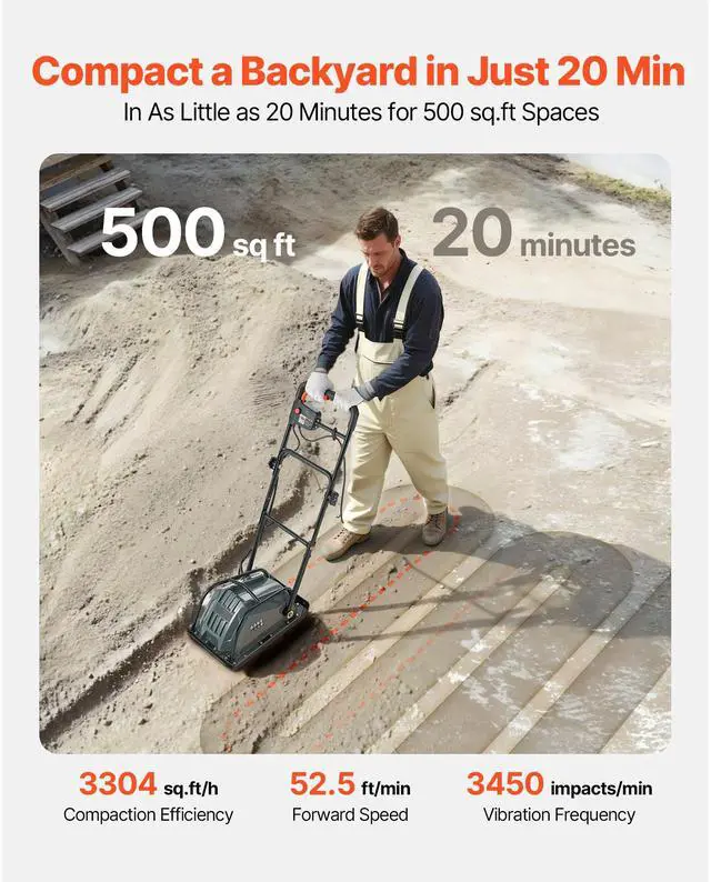 Alt view image 4 of 8 - VEVOR Plate Compactor, 130W Output Electric Ground Rammer, 5 kN Force, 3.9 in Depth, 16 m/min Speed, 3304 sq.ft/h Efficiency, Gas Powered Soil Compaction Machine for Driveway, Pavement, Landscaping