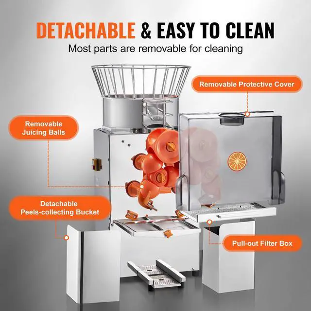 Alt view image 6 of 8 - VEVOR Commercial Orange Juicer Machine, 120W Automatic Feeding Juice Extractor, Stainless Steel Juice Extractor for 25 Oranges Per Minute, with Pull-Out Filter Box, PC Cover, 2 Peel Collecting Buckets