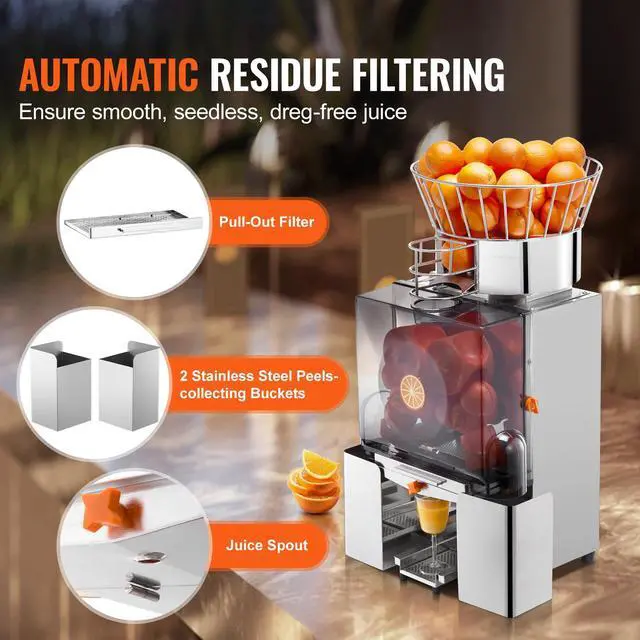 Alt view image 5 of 8 - VEVOR Commercial Orange Juicer Machine, 120W Automatic Feeding Juice Extractor, Stainless Steel Juice Extractor for 25 Oranges Per Minute, with Pull-Out Filter Box, PC Cover, 2 Peel Collecting Buckets