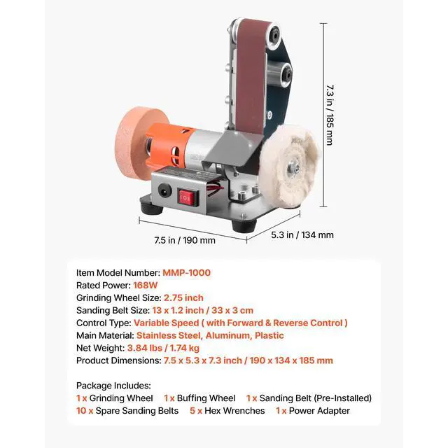 Alt view image 7 of 7 - 3-in-1 Mini Belt Sander, 13" x 1.2" Sanding Belt, 2.75" Grinding & Polishing Wheel Combo, 7-Speed Adjustable with Forward/Reverse Control for Woodworking, Jewelry Making, Knife Sharpening