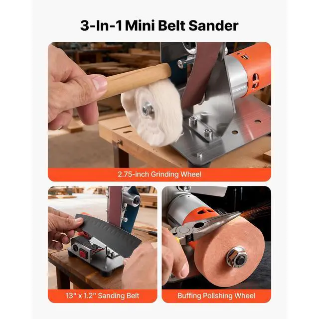 Alt view image 2 of 7 - 3-in-1 Mini Belt Sander, 13" x 1.2" Sanding Belt, 2.75" Grinding & Polishing Wheel Combo, 7-Speed Adjustable with Forward/Reverse Control for Woodworking, Jewelry Making, Knife Sharpening