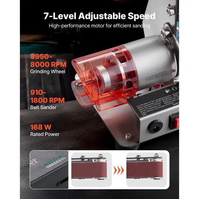 Alt view image 3 of 7 - 3-in-1 Mini Belt Sander, 13" x 1.2" Sanding Belt, 2.75" Grinding & Polishing Wheel Combo, 7-Speed Adjustable with Forward/Reverse Control for Woodworking, Jewelry Making, Knife Sharpening