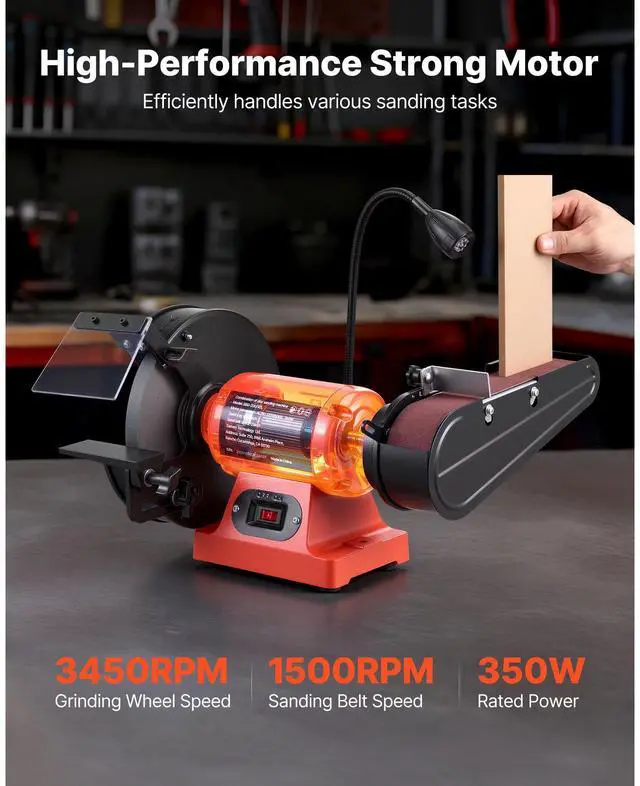 Alt view image 2 of 7 - 8" Bench Grinder & 2" x 28" Belt Sander Combo, 350W Professional Grinding Sanding Machine with LED Work Light & Protective Eye Shield for Metalworking, Woodworking, Knife Sharpening