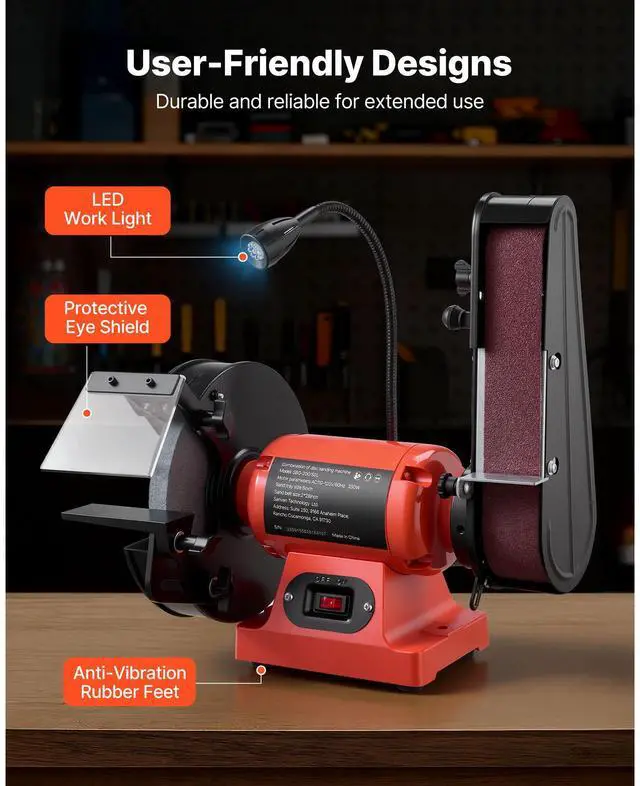 Alt view image 6 of 7 - 8" Bench Grinder & 2" x 28" Belt Sander Combo, 350W Professional Grinding Sanding Machine with LED Work Light & Protective Eye Shield for Metalworking, Woodworking, Knife Sharpening