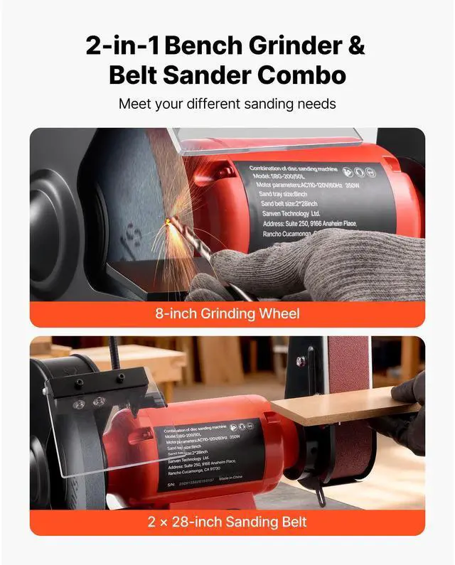 Alt view image 3 of 7 - 8" Bench Grinder & 2" x 28" Belt Sander Combo, 350W Professional Grinding Sanding Machine with LED Work Light & Protective Eye Shield for Metalworking, Woodworking, Knife Sharpening
