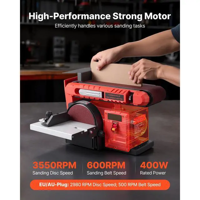 Alt view image 3 of 8 - VEVOR 6" Disc Sander & 4" x 36" Belt Sander, 400W Professional Belt Disc Sanders Combo with 0 - 45° Adjustable Worktable & Dust Collection Port for Woodworking, Knife Sharpening, DIY Crafting