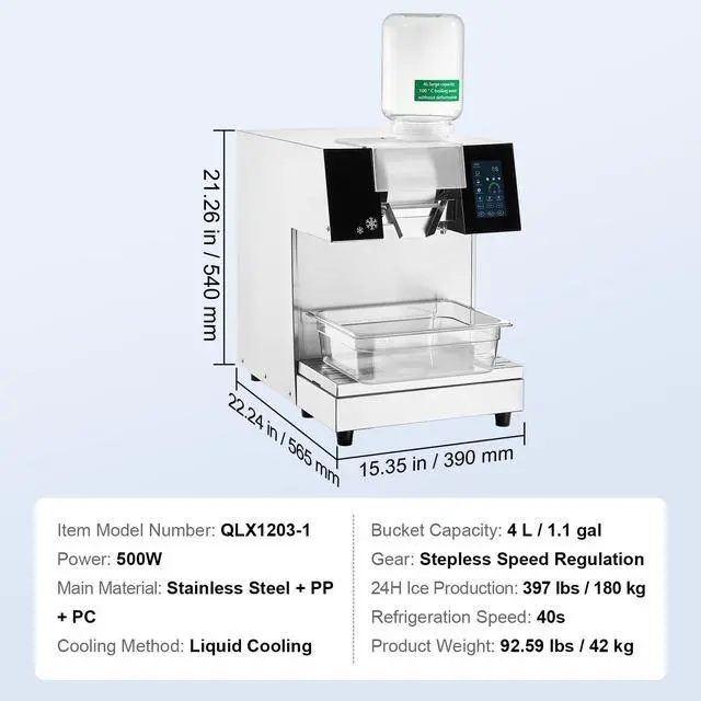 Alt view image 7 of 7 - Commercial Snowflake Ice Machine, 397LBS/24H Snowflake Ice Maker, Stainless Steel Ice Shaver Machine, Electric Snow Cone Maker, Liquid Cooling System for Rapid Heat Dissipation, Ice Cream