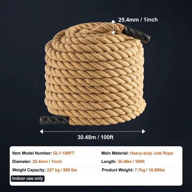 Alt view image 8 of 8 - VEVOR 1"x100FT Gym Climbing Rope Fitness Strength Training Rope Home Exercise