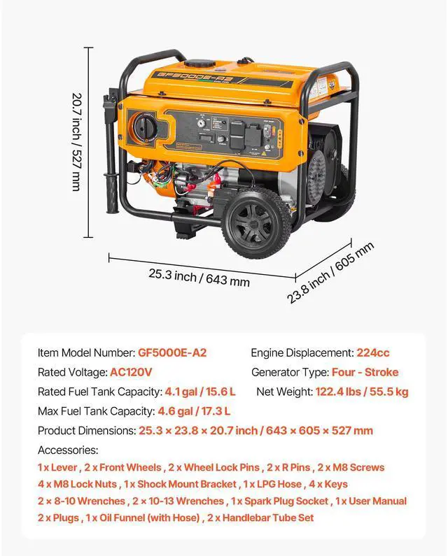 Alt view image 8 of 8 - VEVOR Portable Generator, Gasoline 4650W Peak Watt & LPG 4130W Peak Watt Dual Fuel Generator, Home Backup Generators with Electric Start, Gasoline & LPG Powered, CO Sensor, 20A & 50A Outlets