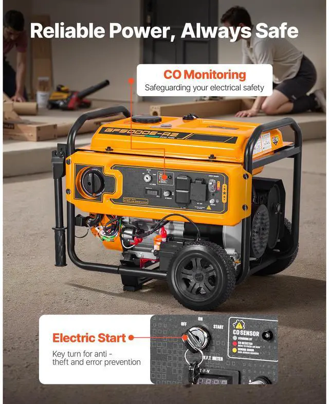 Alt view image 7 of 8 - VEVOR Portable Generator, Gasoline 4650W Peak Watt & LPG 4130W Peak Watt Dual Fuel Generator, Home Backup Generators with Electric Start, Gasoline & LPG Powered, CO Sensor, 20A & 50A Outlets