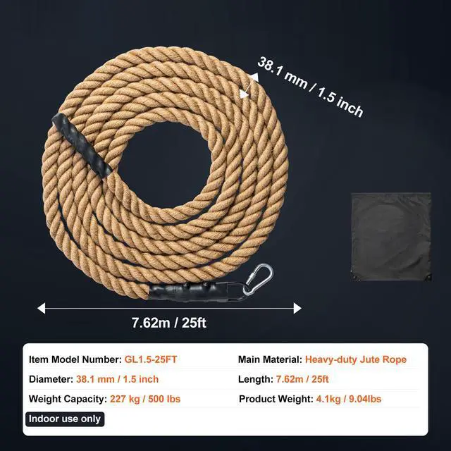 Alt view image 8 of 8 - VEVOR 1.5"x25FT Gym Climbing Rope Fitness Strength Training Rope Home Exercise