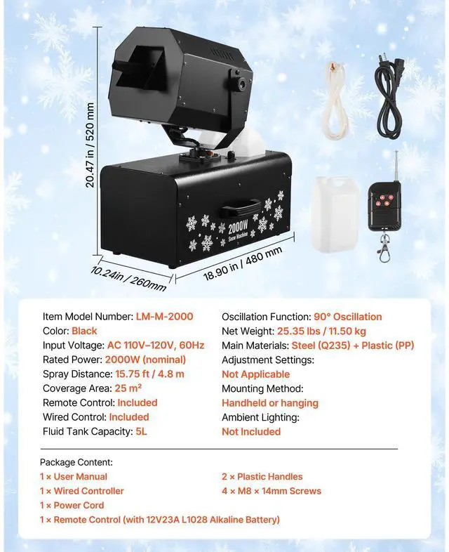 Alt view image 7 of 7 - VEVOR Snow Machine 2000W Wireless Remote Swing Snow Making Machine for Holiday