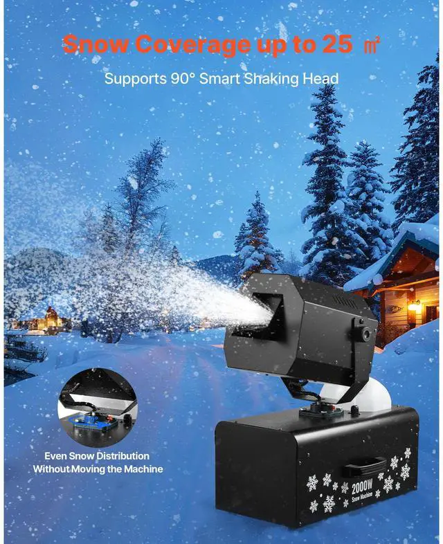 Alt view image 3 of 7 - VEVOR Snow Machine 2000W Wireless Remote Swing Snow Making Machine for Holiday
