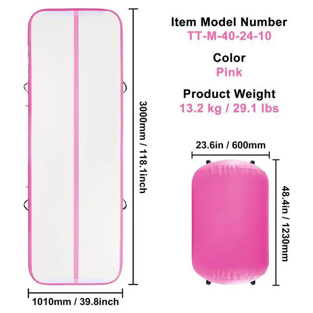 Alt view image 14 of 14 - VEVOR Inflatable Gymnastics Air Mat Set, 2 PCS Tumbling Mat, Tumble Track with Electric Pump, Air Roller Barrel Gymnastics Equipment, Training Mats for Home Use/Gym/Yoga/Cheerleading/Beach/Park/Water