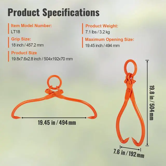 Alt view image 14 of 14 - VEVOR Log Skidding Tongs, 18 inch 2 Claw Log Lifting Tongs, Heavy Duty Steel Lumber Skidding Tongs, 772 lbs/350 kg Loading Capacity, Log Lifting, Handling, Dragging & Carrying Tool