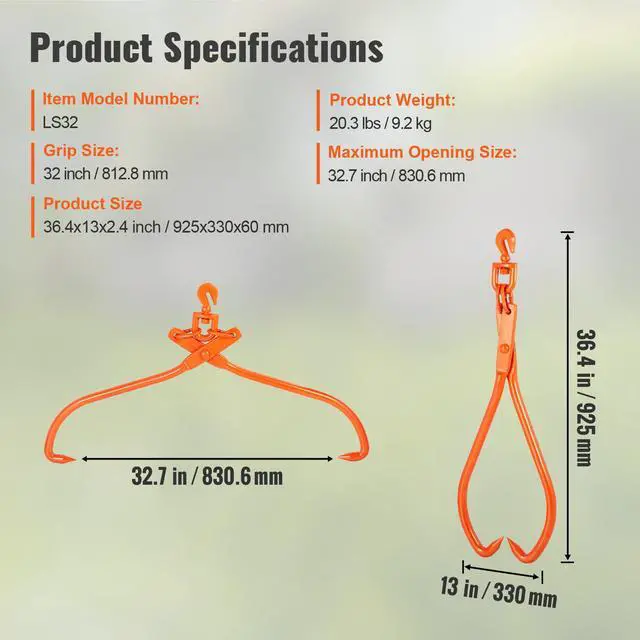 Alt view image 14 of 14 - VEVOR Log Skidding Tongs, 32 inch 2 Claw Log Lifting Tongs, Heavy Duty Rotating Steel Lumber Skidding Tongs, 1543 lbs/700 kg Loading Capacity, Log Lifting, Handling, Dragging & Carrying Tool