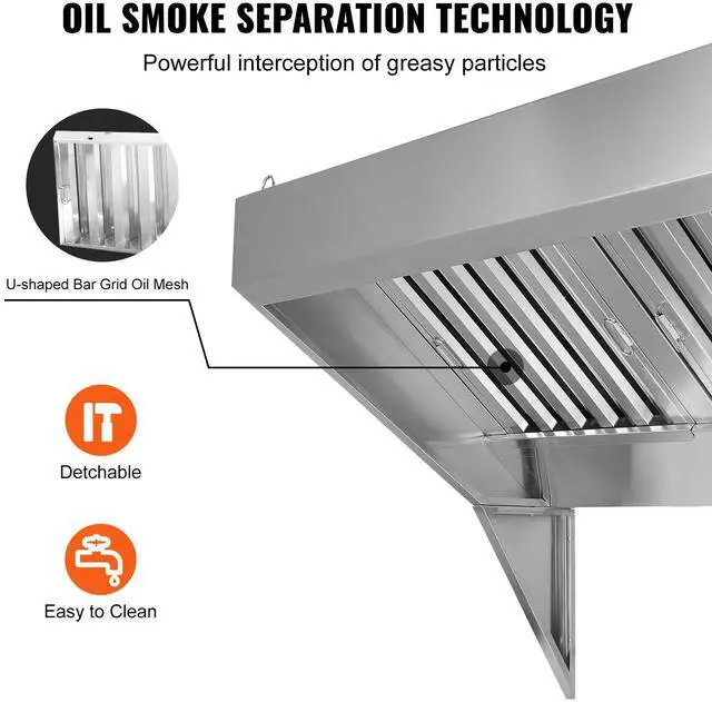 Alt view image 5 of 8 - VEVOR Commercial Exhaust Hood, 7FT Food Truck Hood Exhaust, 201 Stainless Steel Concession Trailer Hood with 3 Detachable U-shaped Grid Oil Filter Mesh, Rust Resistant Vent Hood for Kitchen Restaurant