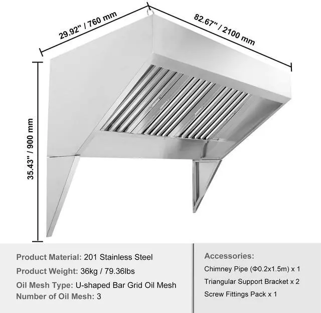 Alt view image 8 of 8 - VEVOR Commercial Exhaust Hood, 7FT Food Truck Hood Exhaust, 201 Stainless Steel Concession Trailer Hood with 3 Detachable U-shaped Grid Oil Filter Mesh, Rust Resistant Vent Hood for Kitchen Restaurant