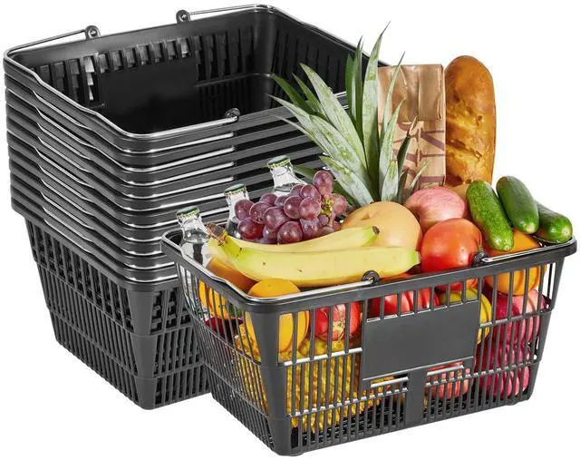 Alt view image 2 of 8 - VEVOR Shopping Baskets, 12 PCS, 21L Stackable PE Plastic Grocery Baskets with Handles, Dense Mesh Structure, Holds up to 20 lbs, Portable for Grocery, Retail, Stores, Supermarket, Home Use, Black