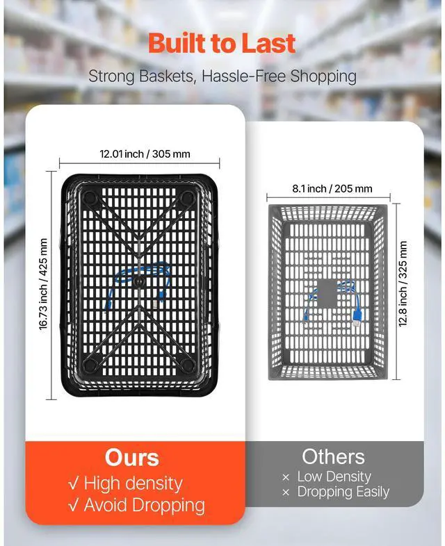 Alt view image 3 of 8 - VEVOR Shopping Baskets, 12 PCS, 21L Stackable PE Plastic Grocery Baskets with Handles, Dense Mesh Structure, Holds up to 20 lbs, Portable for Grocery, Retail, Stores, Supermarket, Home Use, Black